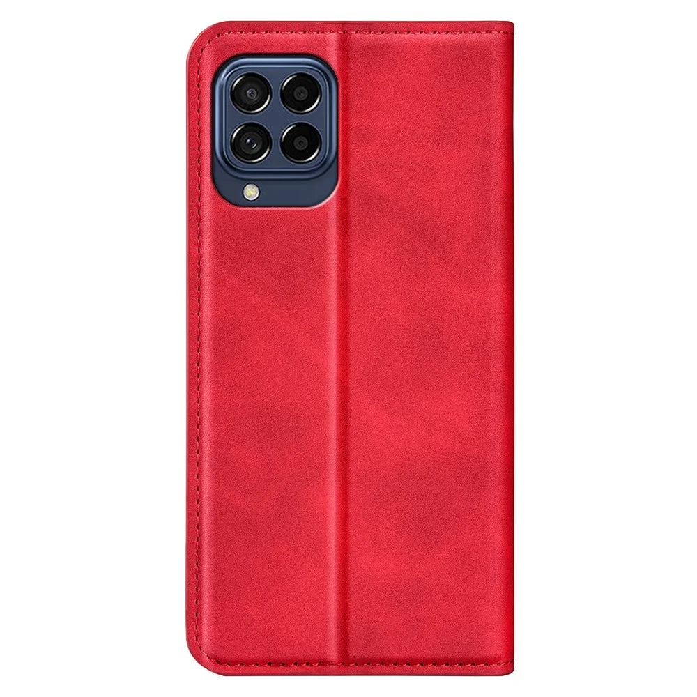 For Samsung Galaxy M33 5G (Global Version) Skin-touch Feeling PU Leather Auto Closure Magnetic Phone Case with Wallet Stand - Red - 6