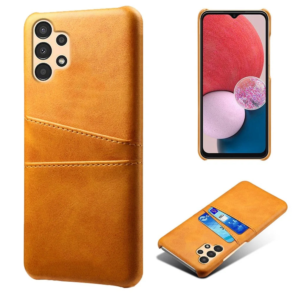 For Samsung Galaxy A13 4G Multipurpose Card Slots Phone Protector PU Leather Coated Hard PC Cover Case Shell - Orange - 1