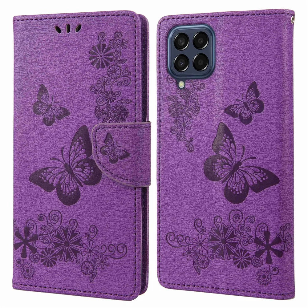 For Samsung Galaxy M53 5G Wallet Case Butterfly Flower Imprinted PU Leather Stand Flip Protective Cover with Hand Strap - Purple - 1