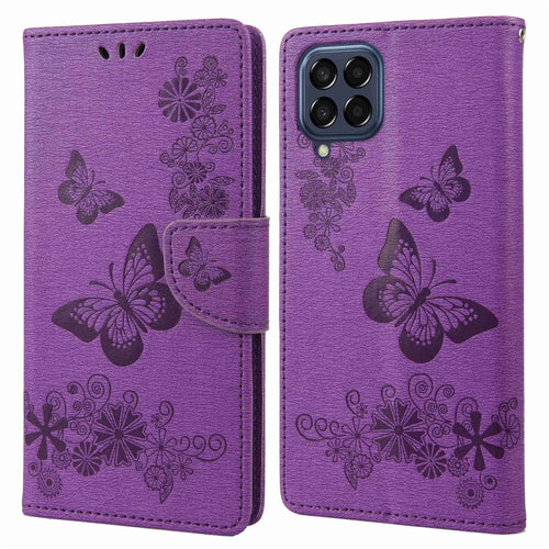 For Samsung Galaxy M53 5G Wallet Case Butterfly Flower Imprinted PU Leather Stand Flip Protective Cover with Hand Strap - Purple - 1