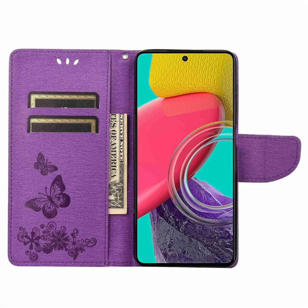 For Samsung Galaxy M53 5G Wallet Case Butterfly Flower Imprinted PU Leather Stand Flip Protective Cover with Hand Strap - Purple - 2