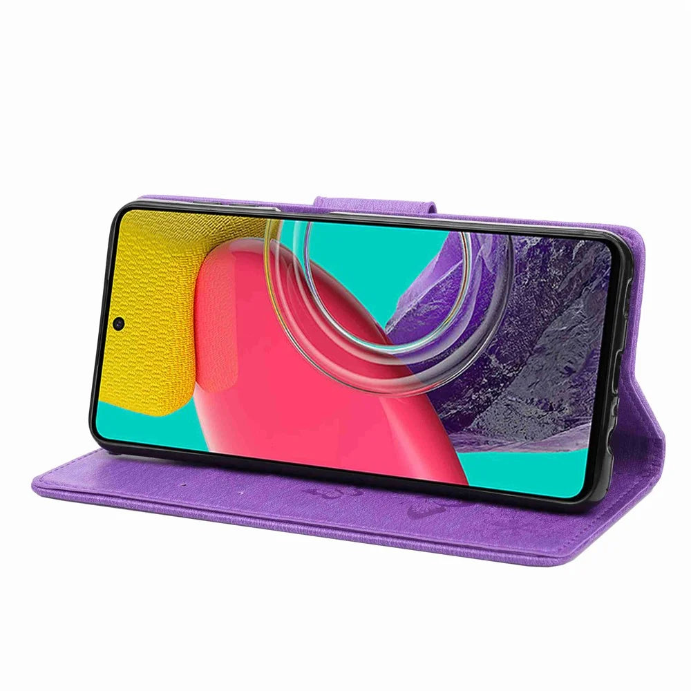 For Samsung Galaxy M53 5G Wallet Case Butterfly Flower Imprinted PU Leather Stand Flip Protective Cover with Hand Strap - Purple - 3