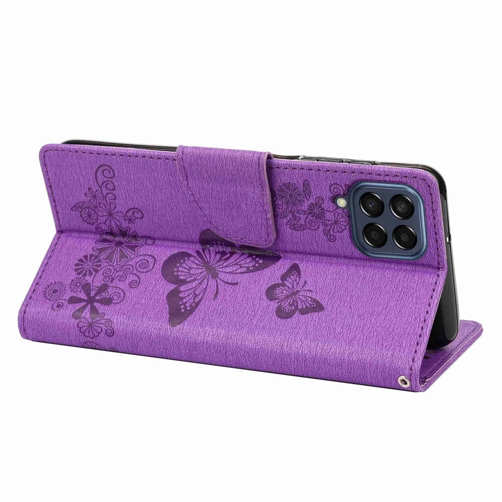 For Samsung Galaxy M53 5G Wallet Case Butterfly Flower Imprinted PU Leather Stand Flip Protective Cover with Hand Strap - Purple - 4