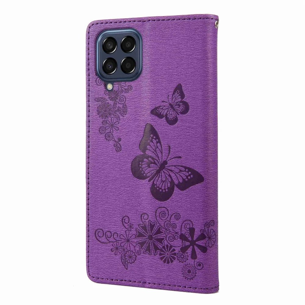 For Samsung Galaxy M53 5G Wallet Case Butterfly Flower Imprinted PU Leather Stand Flip Protective Cover with Hand Strap - Purple - 6