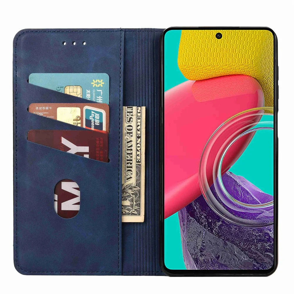 For Samsung Galaxy M53 5G Splicing PU Leather Skin-touch Feeling Case Stand Magnetic Absorption Full Protection Flip Folio Wallet Cover - Blue - 2