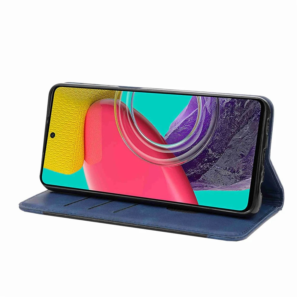 For Samsung Galaxy M53 5G Splicing PU Leather Skin-touch Feeling Case Stand Magnetic Absorption Full Protection Flip Folio Wallet Cover - Blue - 3