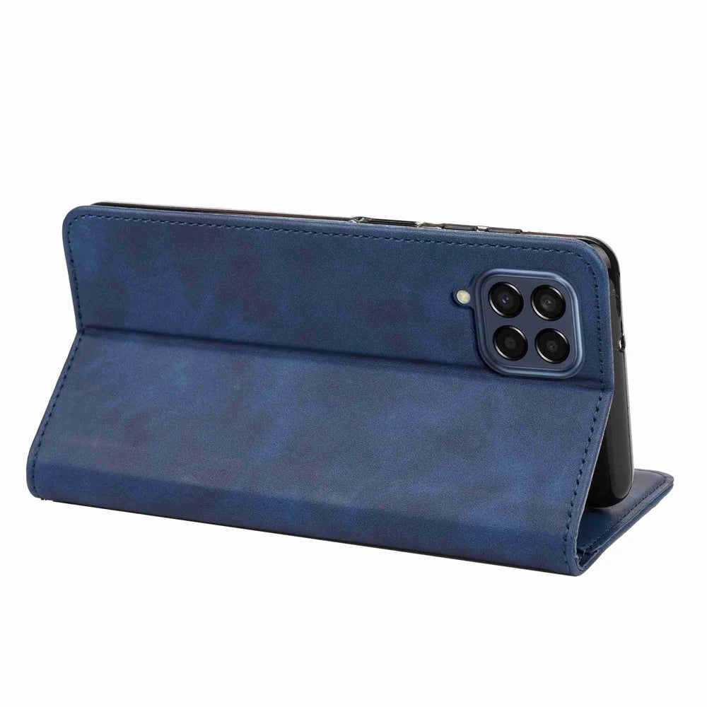 For Samsung Galaxy M53 5G Splicing PU Leather Skin-touch Feeling Case Stand Magnetic Absorption Full Protection Flip Folio Wallet Cover - Blue - 4