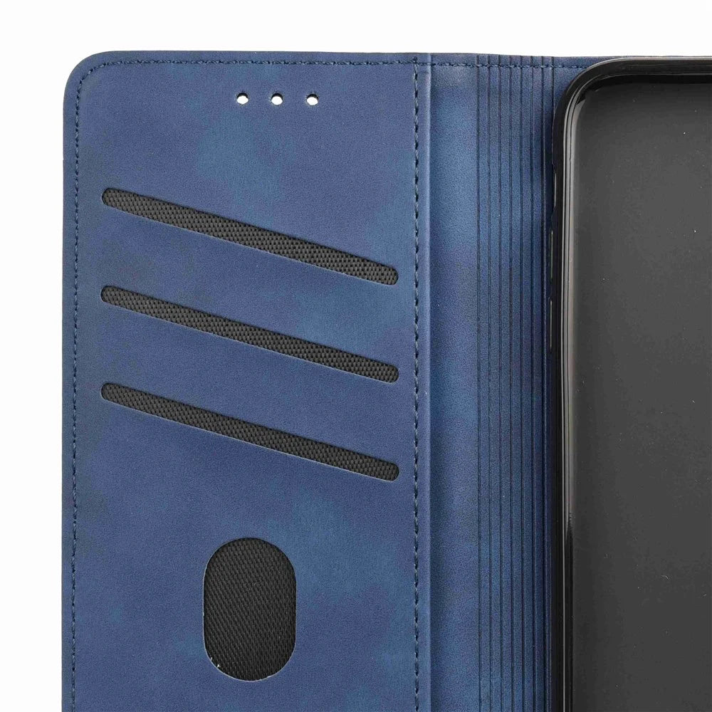 For Samsung Galaxy M53 5G Splicing PU Leather Skin-touch Feeling Case Stand Magnetic Absorption Full Protection Flip Folio Wallet Cover - Blue - 5