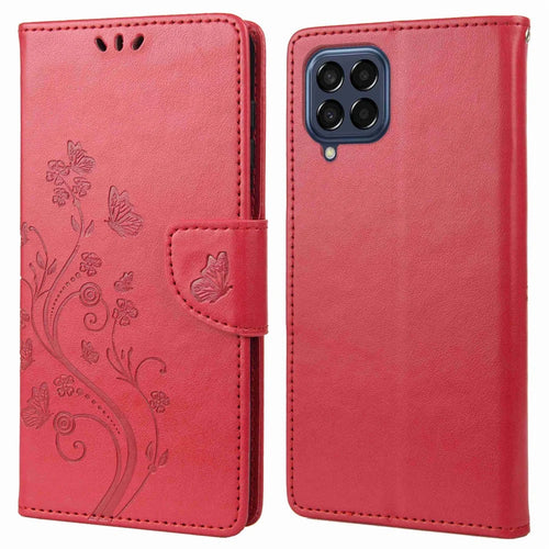 For Samsung Galaxy M53 5G Imprinted Butterflies Flowers PU Leather Flip Case Wallet Style Stand Shockproof Protective Cover with Strap - Red - 1