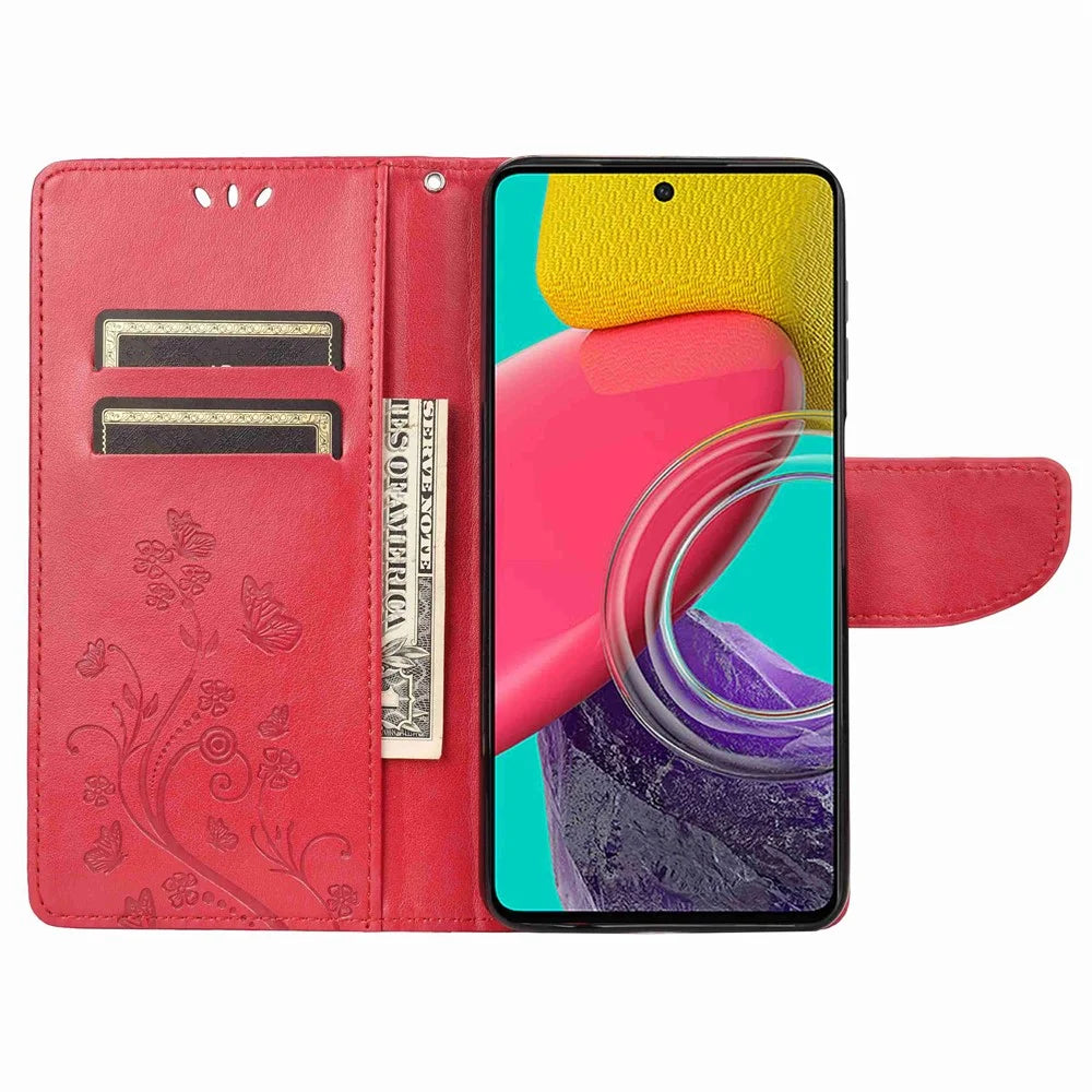 For Samsung Galaxy M53 5G Imprinted Butterflies Flowers PU Leather Flip Case Wallet Style Stand Shockproof Protective Cover with Strap - Red - 2