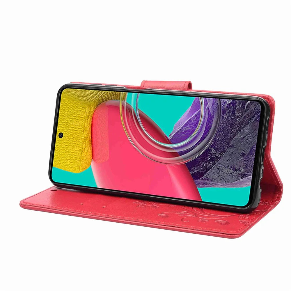 For Samsung Galaxy M53 5G Imprinted Butterflies Flowers PU Leather Flip Case Wallet Style Stand Shockproof Protective Cover with Strap - Red - 3