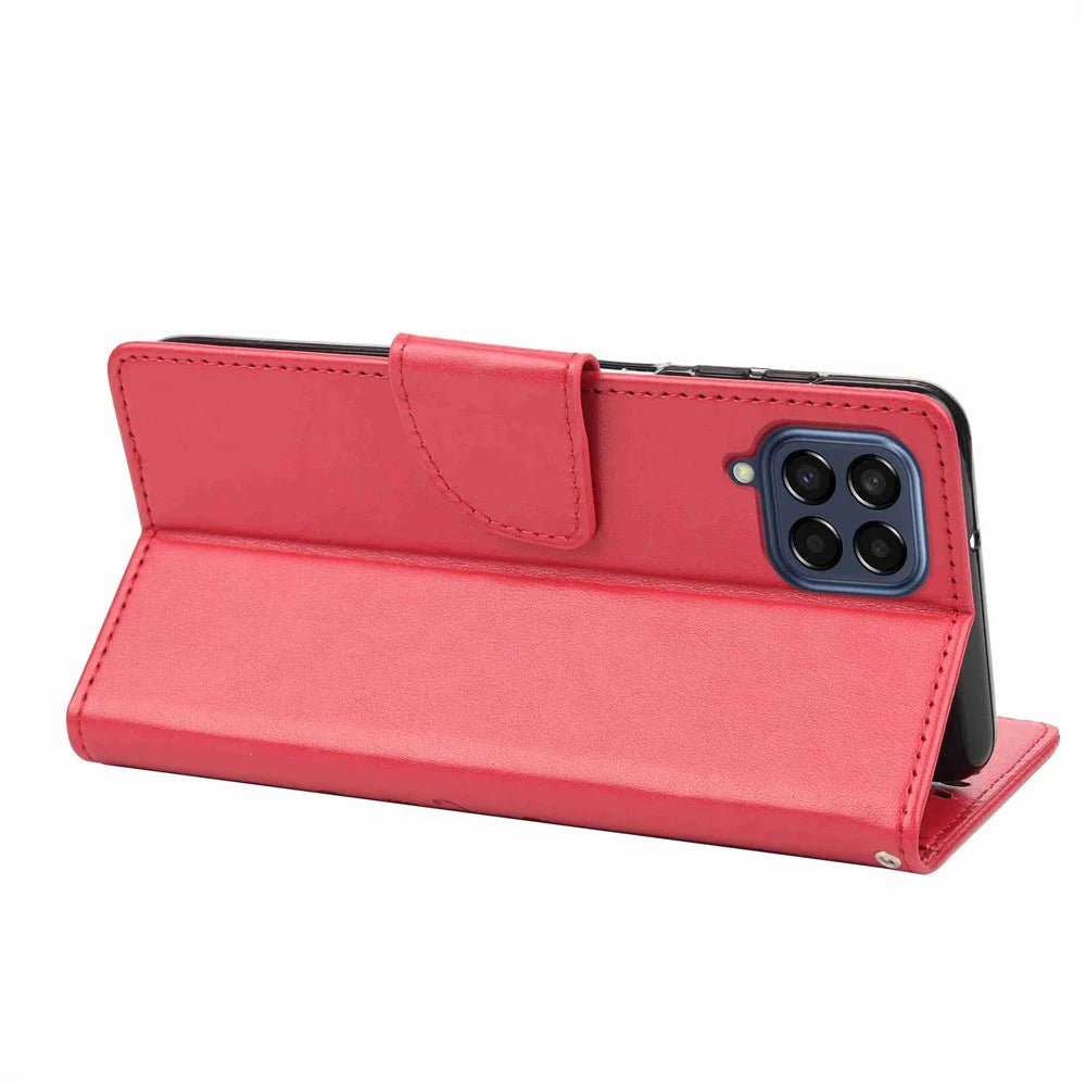 For Samsung Galaxy M53 5G Imprinted Butterflies Flowers PU Leather Flip Case Wallet Style Stand Shockproof Protective Cover with Strap - Red - 4