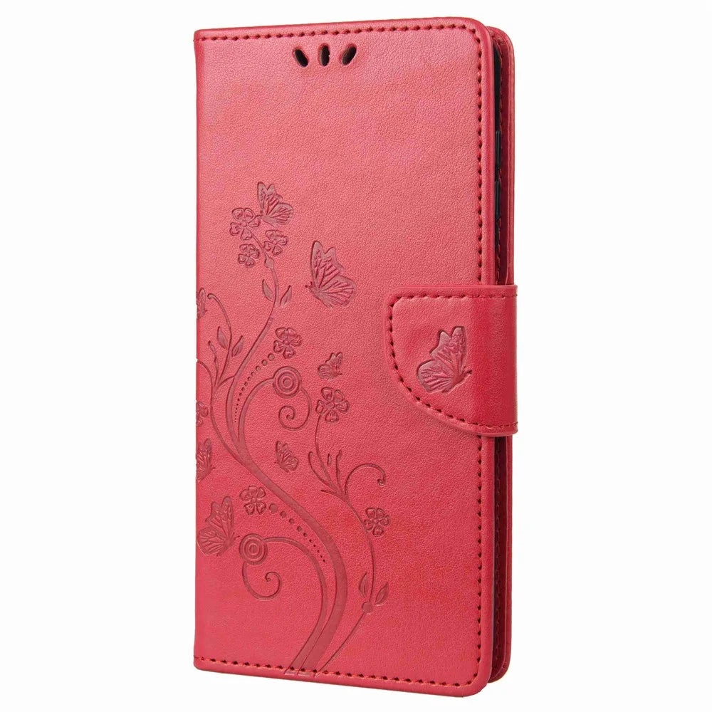 For Samsung Galaxy M53 5G Imprinted Butterflies Flowers PU Leather Flip Case Wallet Style Stand Shockproof Protective Cover with Strap - Red - 5