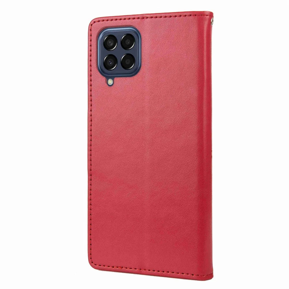 For Samsung Galaxy M53 5G Imprinted Butterflies Flowers PU Leather Flip Case Wallet Style Stand Shockproof Protective Cover with Strap - Red - 6