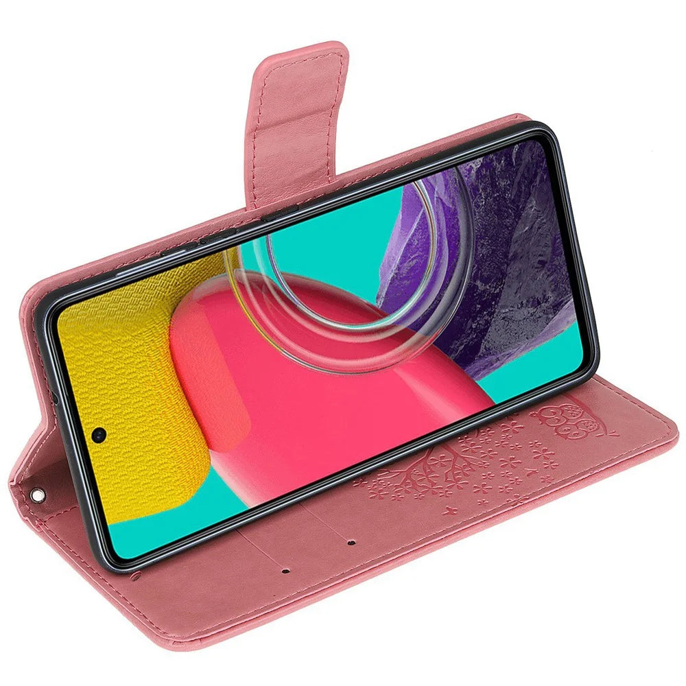 For Samsung Galaxy M53 5G Stand PU Leather Case Imprinted Owl Tree Pattern Wallet Cover with Strap - Pink - 2