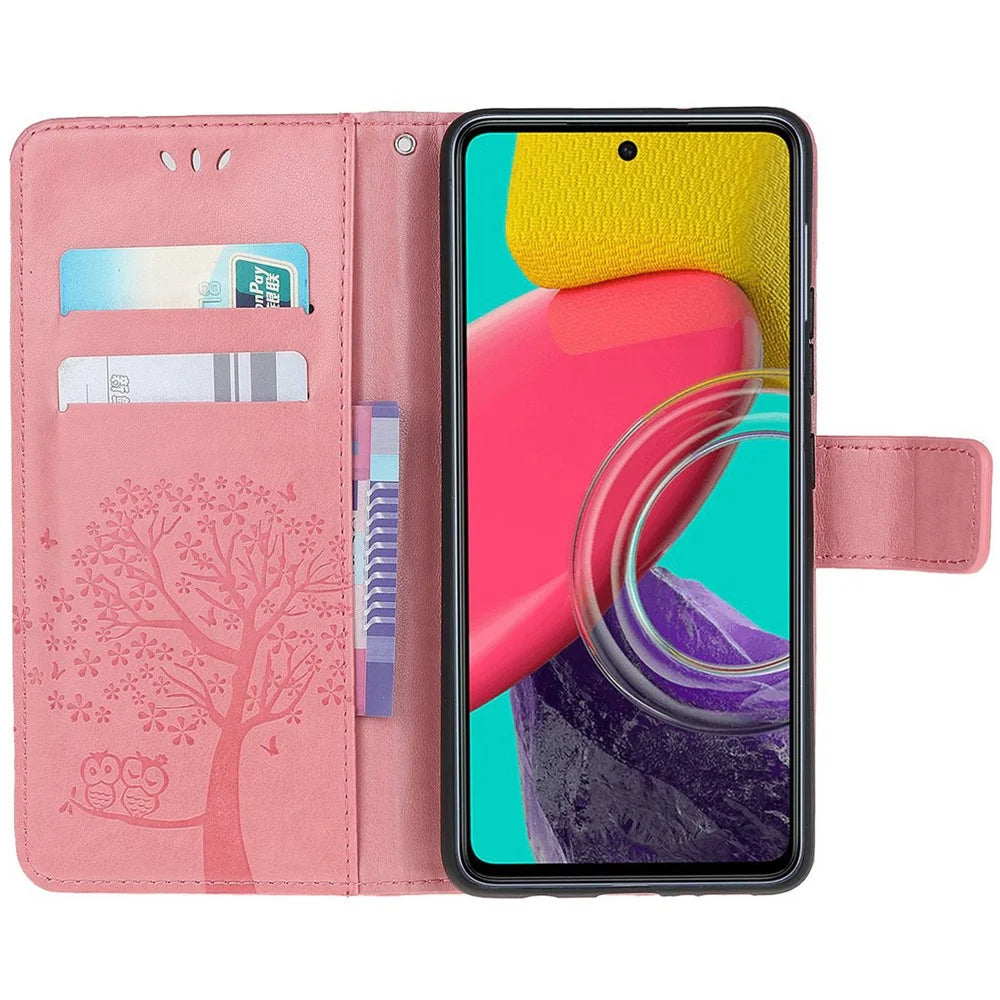 For Samsung Galaxy M53 5G Stand PU Leather Case Imprinted Owl Tree Pattern Wallet Cover with Strap - Pink - 3
