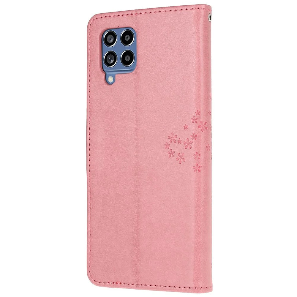 For Samsung Galaxy M53 5G Stand PU Leather Case Imprinted Owl Tree Pattern Wallet Cover with Strap - Pink - 4