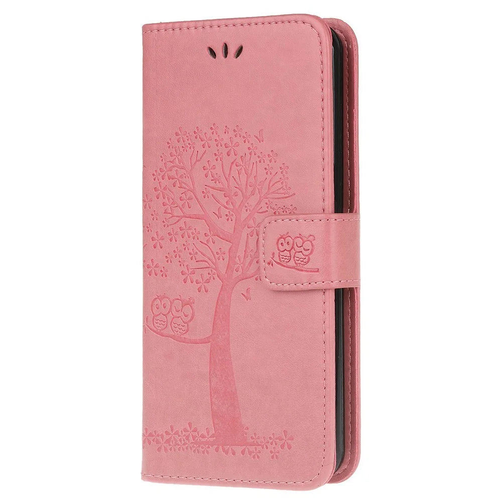 For Samsung Galaxy M53 5G Stand PU Leather Case Imprinted Owl Tree Pattern Wallet Cover with Strap - Pink - 5