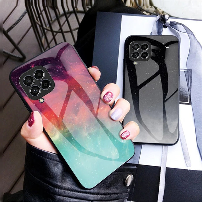 For Samsung Galaxy M33 5G (Global Version) Slim Light Drop-proof Starry Sky Pattern Design Tempered Glass Back Case Hard PC TPU Shell - Bright Starry Sky - 3