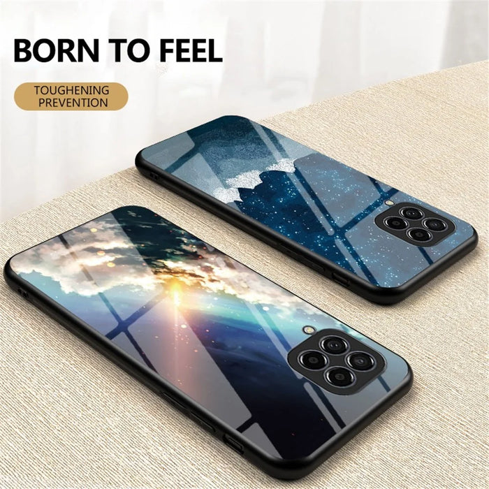 For Samsung Galaxy M33 5G (Global Version) Slim Light Drop-proof Starry Sky Pattern Design Tempered Glass Back Case Hard PC TPU Shell - Bright Starry Sky - 4
