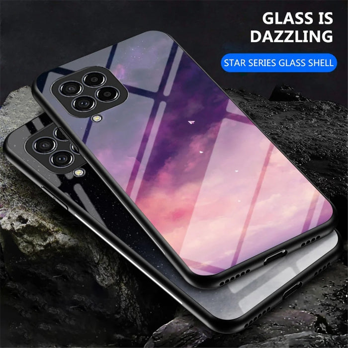 For Samsung Galaxy M33 5G (Global Version) Slim Light Drop-proof Starry Sky Pattern Design Tempered Glass Back Case Hard PC TPU Shell - Bright Starry Sky - 5