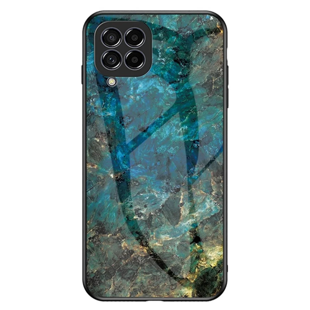 For Samsung Galaxy M33 5G (Global Version) Marble Pattern Tempered Glass + PC + TPU Anti-shock Smooth Touch Cell Phone Shell Case - Emerald Marble - 1