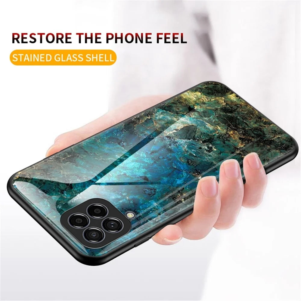 For Samsung Galaxy M33 5G (Global Version) Marble Pattern Tempered Glass + PC + TPU Anti-shock Smooth Touch Cell Phone Shell Case - Emerald Marble - 3