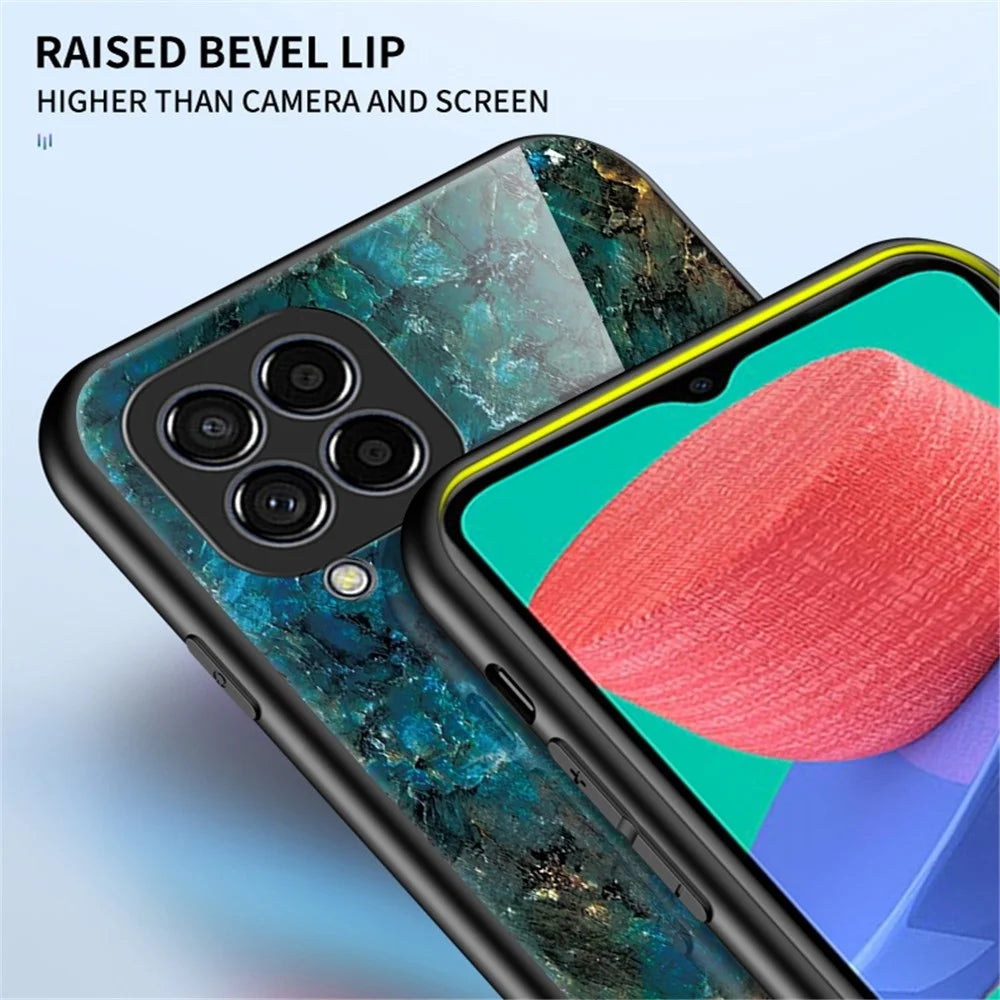 For Samsung Galaxy M33 5G (Global Version) Marble Pattern Tempered Glass + PC + TPU Anti-shock Smooth Touch Cell Phone Shell Case - Emerald Marble - 5