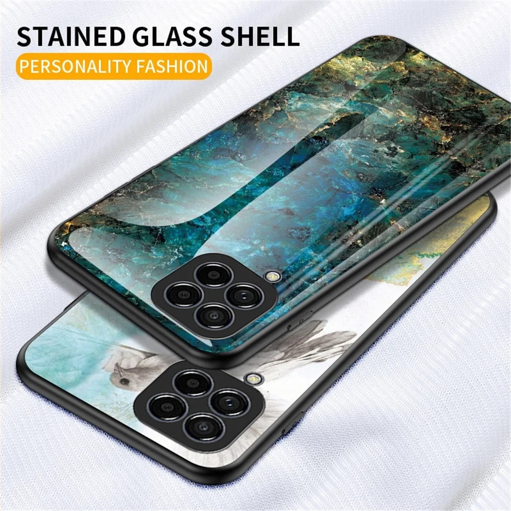 For Samsung Galaxy M33 5G (Global Version) Marble Pattern Tempered Glass + PC + TPU Anti-shock Smooth Touch Cell Phone Shell Case - Emerald Marble - 7