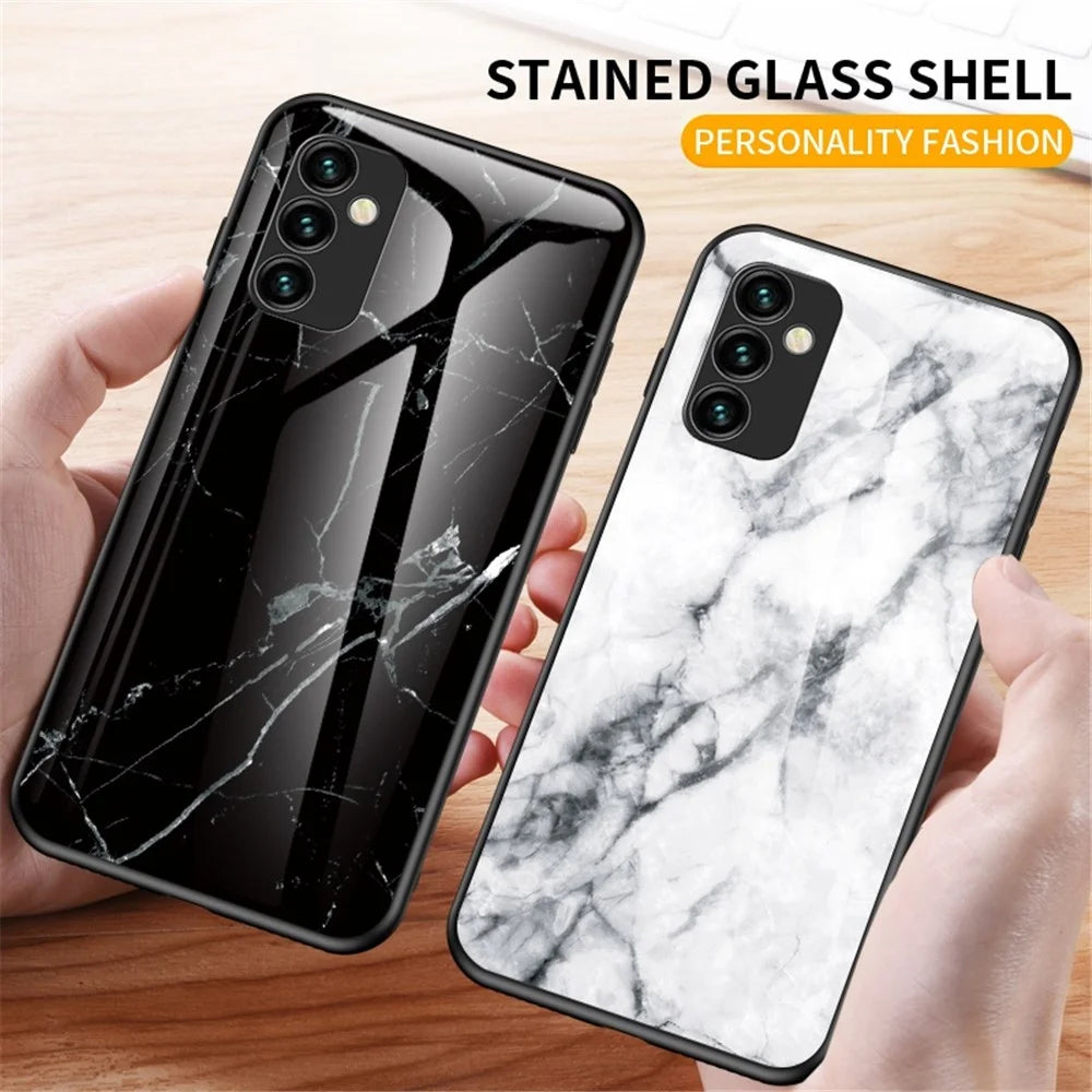 For Samsung Galaxy M23 5G/F23 5G Marble Pattern Tempered Glass + PC + TPU Stylish Scratch-resistant Smartphone Case - Emerald Marble - 6