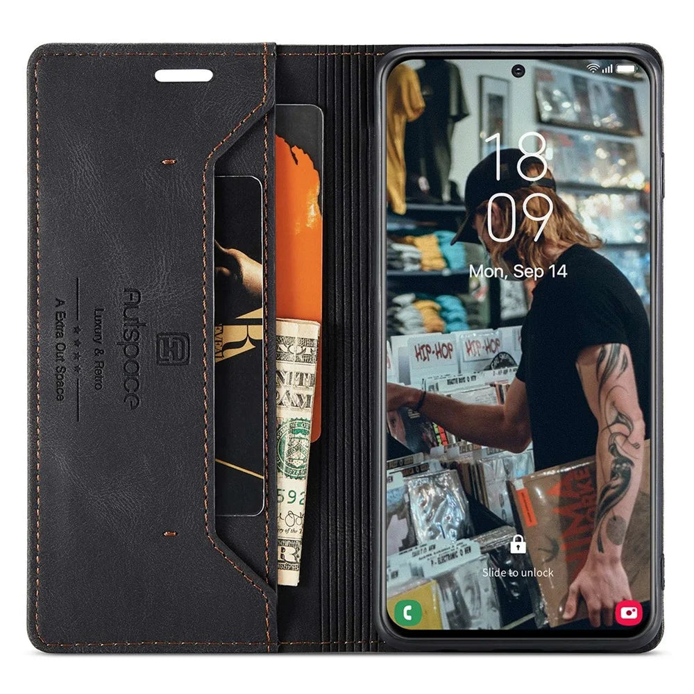AUTSPACE A01 Series for Samsung Galaxy S22 5G PU Leather Case RFID Blocking Wallet Flip Stand Cover - Black - 2