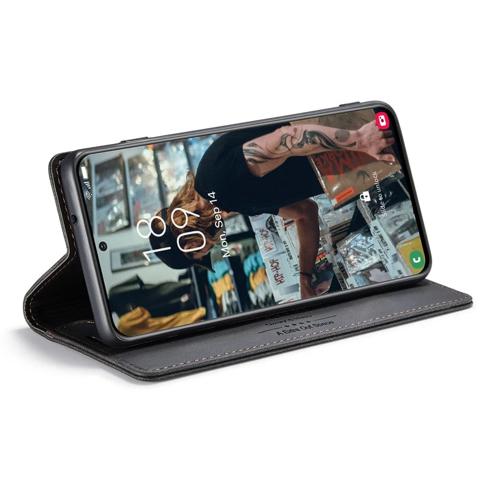 AUTSPACE A01 Series for Samsung Galaxy S22 5G PU Leather Case RFID Blocking Wallet Flip Stand Cover - Black - 3