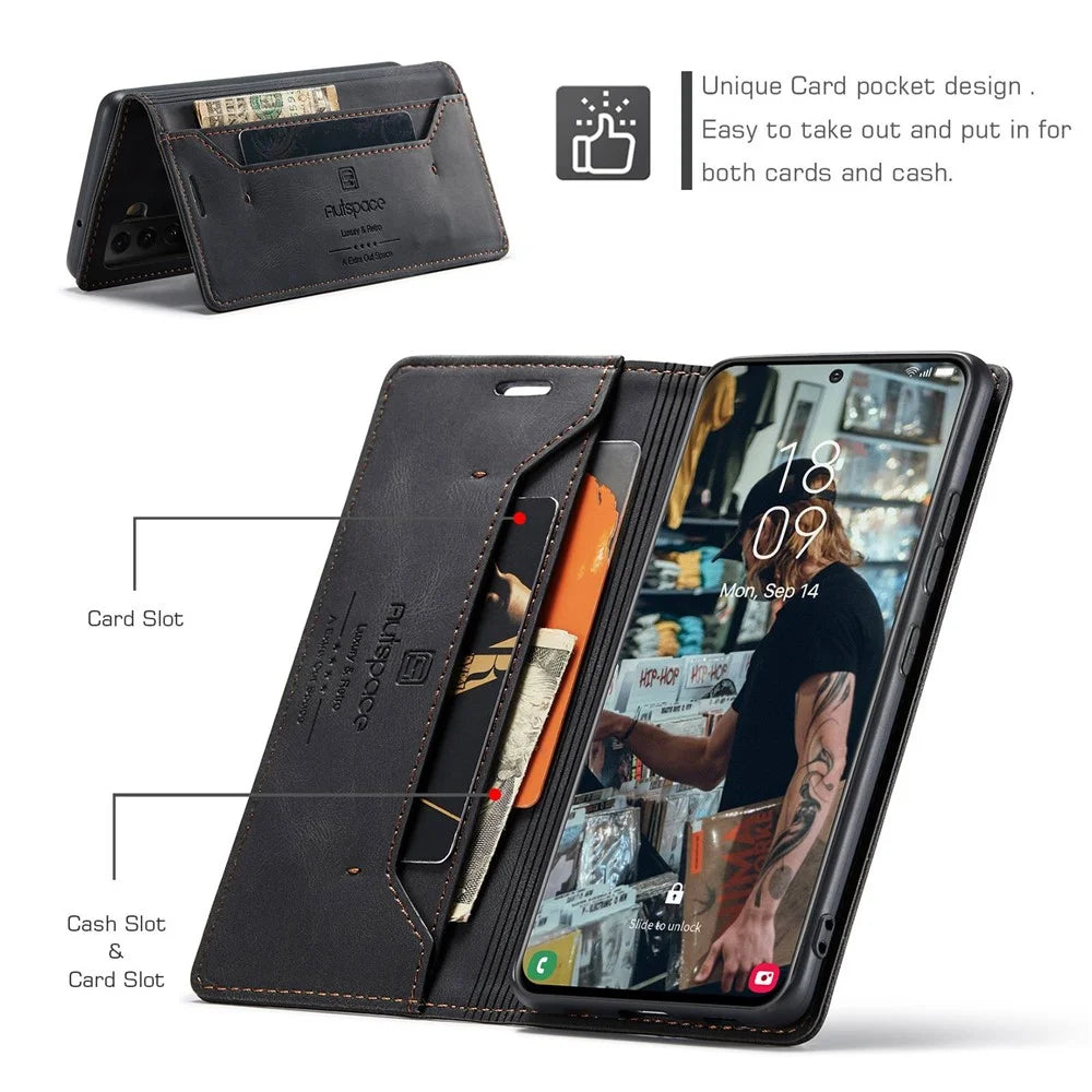 AUTSPACE A01 Series for Samsung Galaxy S22 5G PU Leather Case RFID Blocking Wallet Flip Stand Cover - Black - 5