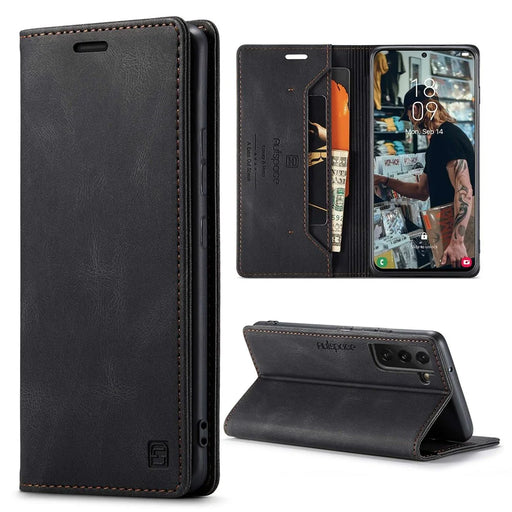 AUTSPACE A01 Series for Samsung Galaxy S22+ 5G PU Leather Case RFID Blocking Wallet Flip Stand Cover - Black - 1