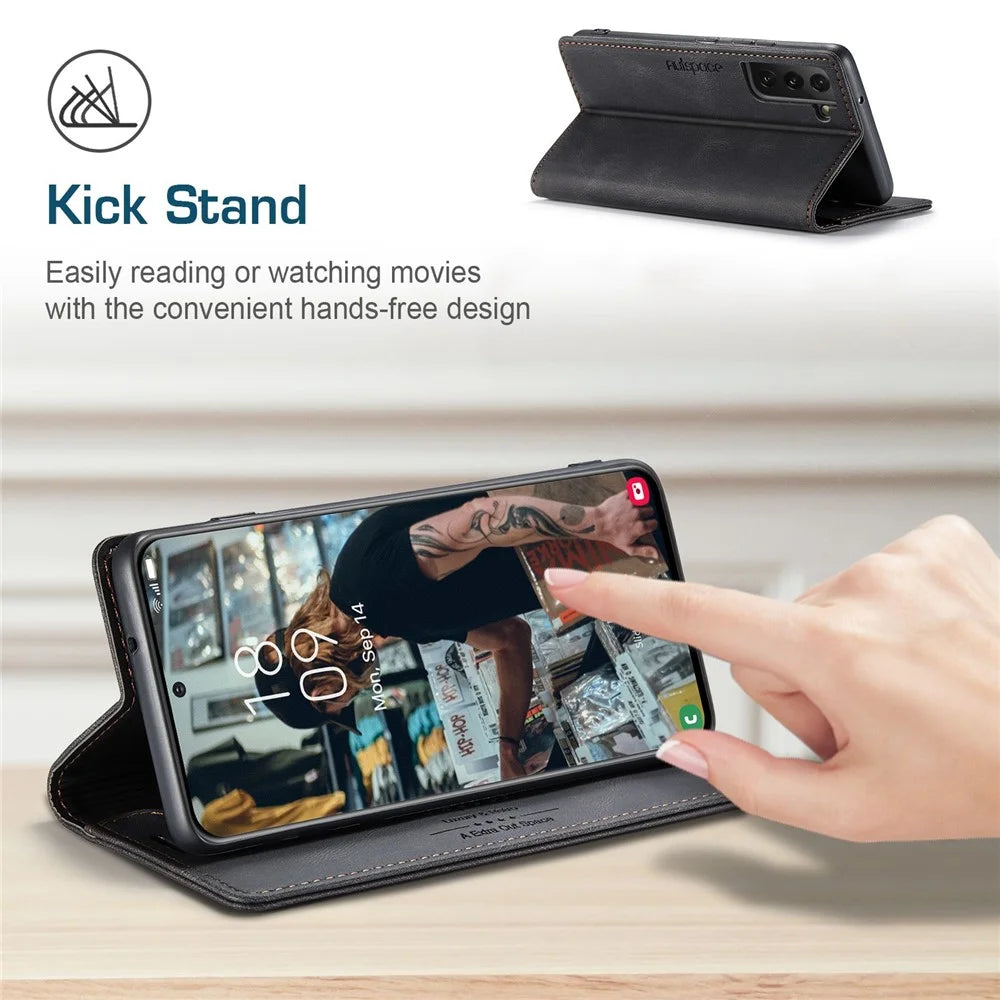 AUTSPACE A01 Series for Samsung Galaxy S22+ 5G PU Leather Case RFID Blocking Wallet Flip Stand Cover - Black - 6