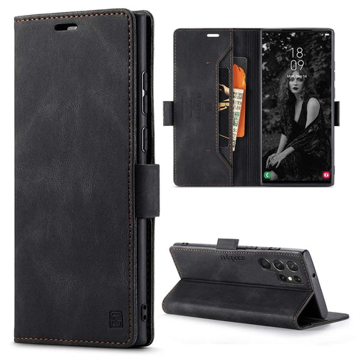 AUTSPACE A01 Series for Samsung Galaxy S22 Ultra 5G PU Leather Case RFID Blocking Wallet Flip Stand Cover - Black - 1