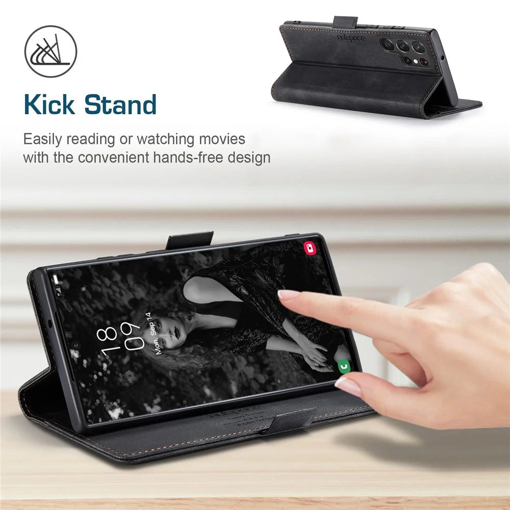 AUTSPACE A01 Series for Samsung Galaxy S22 Ultra 5G PU Leather Case RFID Blocking Wallet Flip Stand Cover - Black - 6