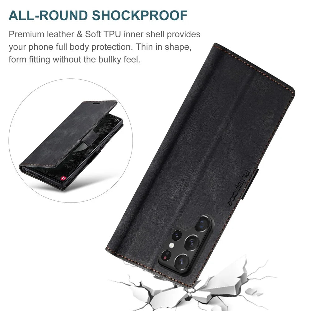 AUTSPACE A01 Series for Samsung Galaxy S22 Ultra 5G PU Leather Case RFID Blocking Wallet Flip Stand Cover - Black - 7