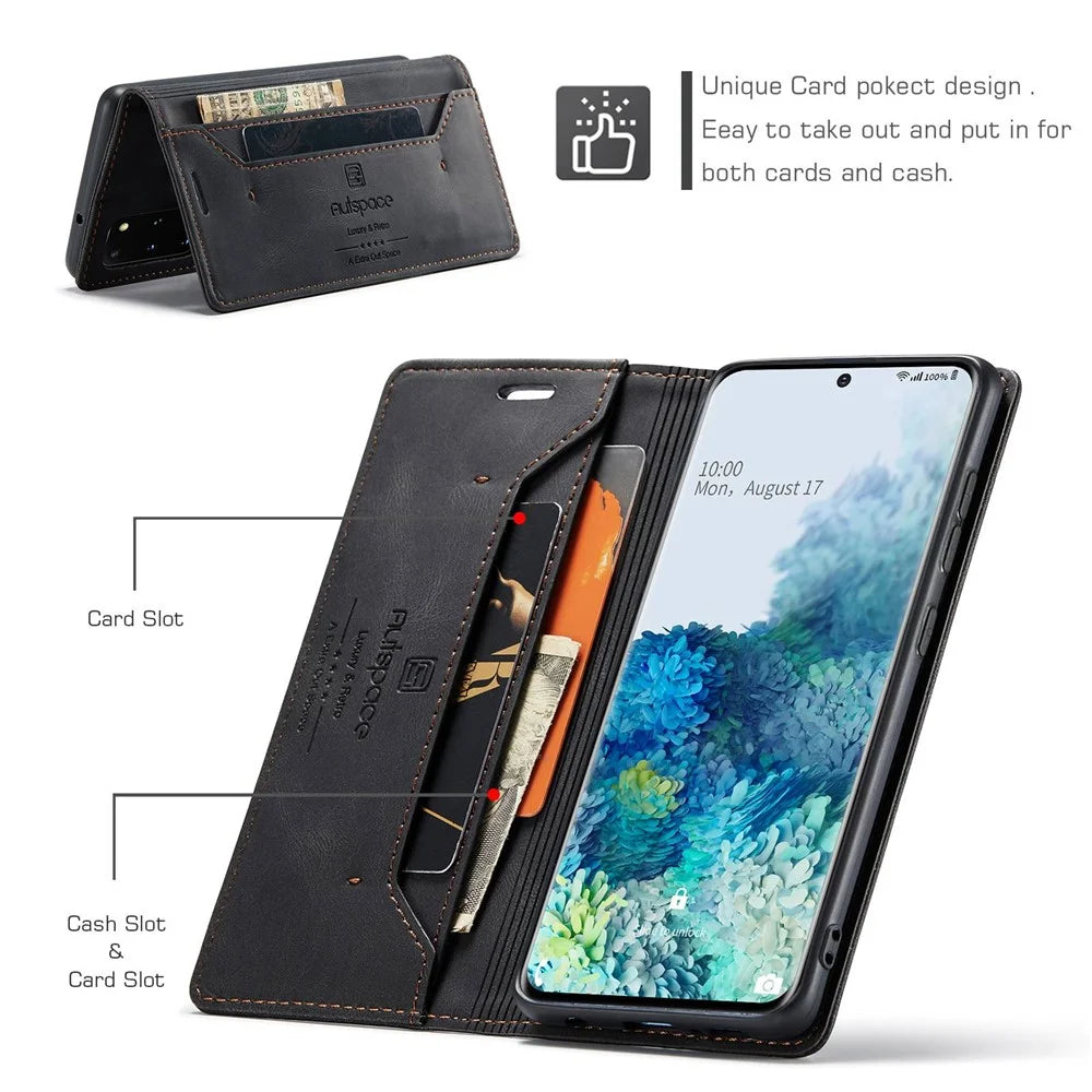 AUTSPACE A01 Series for Samsung Galaxy S20 Plus 4G/5G PU Leather Case RFID Blocking Wallet Flip Stand Cover - Black - 4