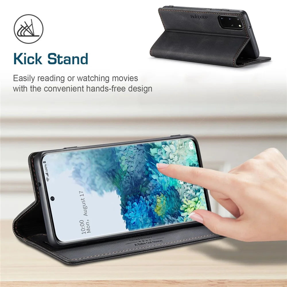 AUTSPACE A01 Series for Samsung Galaxy S20 Plus 4G/5G PU Leather Case RFID Blocking Wallet Flip Stand Cover - Black - 5