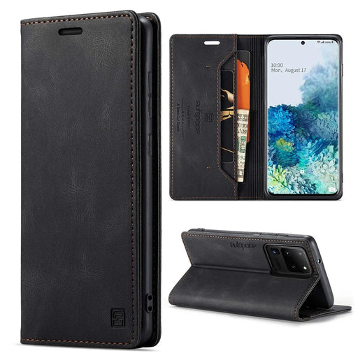 AUTSPACE A01 Series for Samsung Galaxy S20 Ultra 4G / 5G PU Leather Case RFID Blocking Retro Wallet Flip Stand Cover - Black - 1
