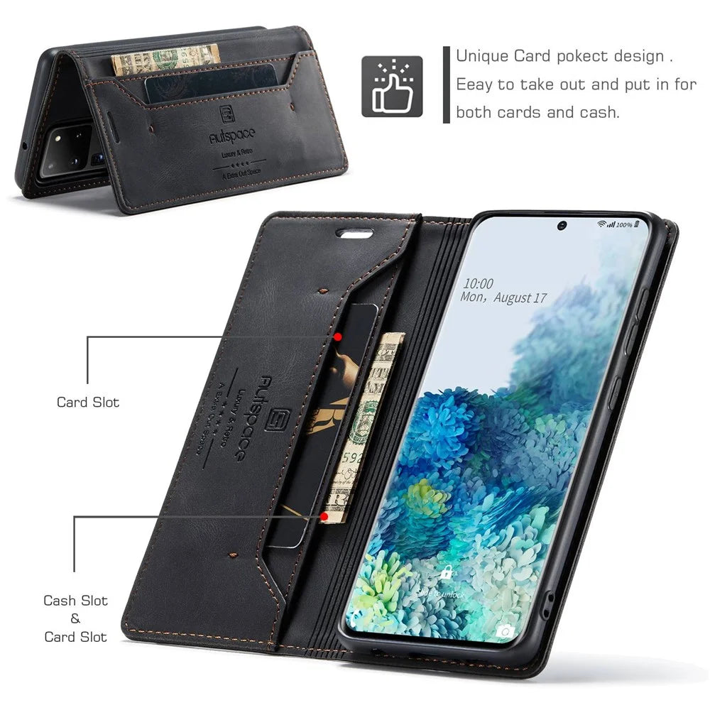 AUTSPACE A01 Series for Samsung Galaxy S20 Ultra 4G / 5G PU Leather Case RFID Blocking Retro Wallet Flip Stand Cover - Black - 5