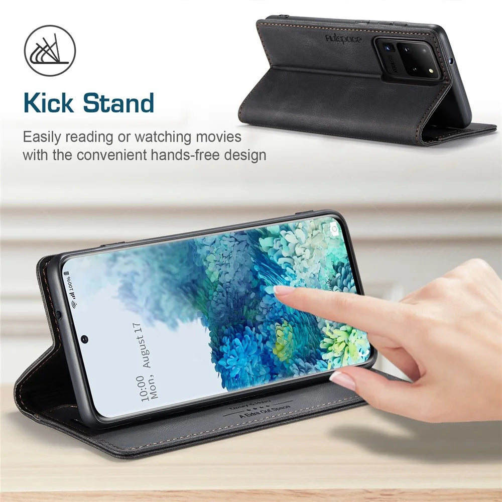 AUTSPACE A01 Series for Samsung Galaxy S20 Ultra 4G / 5G PU Leather Case RFID Blocking Retro Wallet Flip Stand Cover - Black - 6