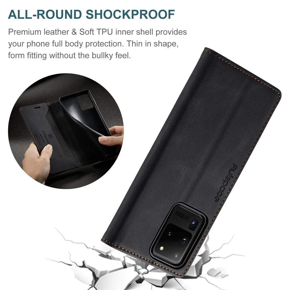 AUTSPACE A01 Series for Samsung Galaxy S20 Ultra 4G / 5G PU Leather Case RFID Blocking Retro Wallet Flip Stand Cover - Black - 7