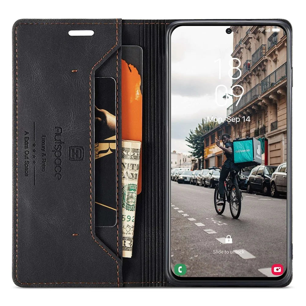 AUTSPACE A01 Series for Samsung Galaxy S21 FE 5G PU Leather Case RFID Blocking Wallet Flip Stand Cover - Black - 2