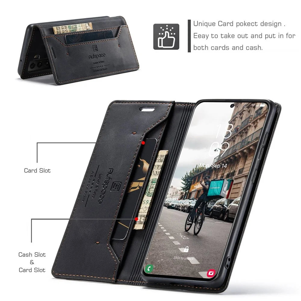 AUTSPACE A01 Series for Samsung Galaxy S21 FE 5G PU Leather Case RFID Blocking Wallet Flip Stand Cover - Black - 5