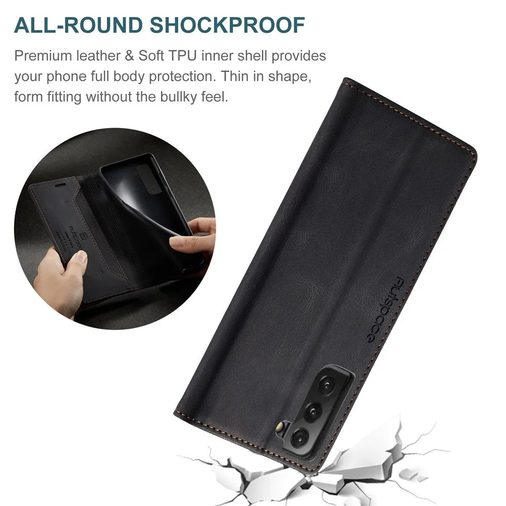 AUTSPACE A01 Series for Samsung Galaxy S21 FE 5G PU Leather Case RFID Blocking Wallet Flip Stand Cover - Black - 7