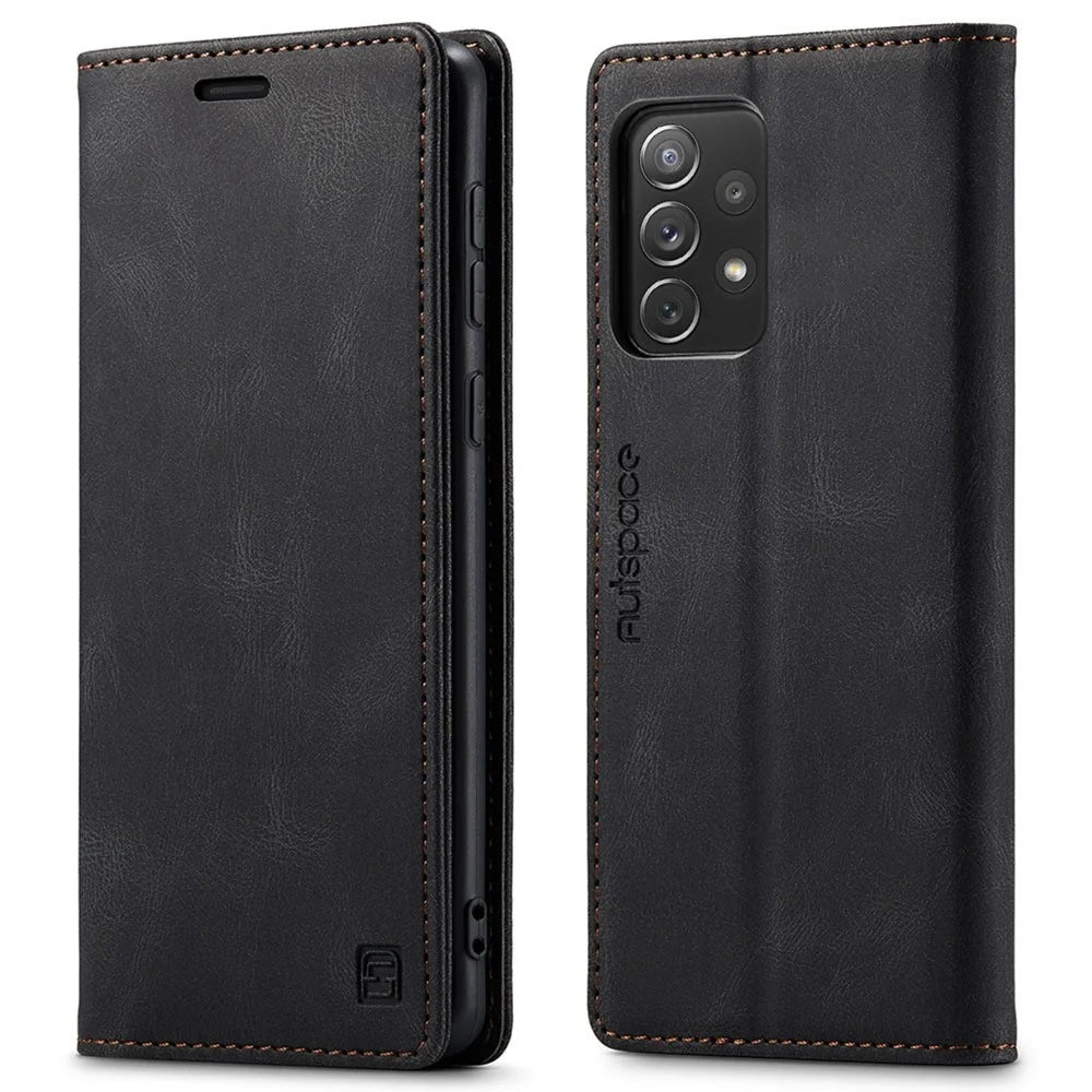 AUTSPACE A01 Series for Samsung Galaxy A73 5G PU Leather Case RFID Blocking Wallet Flip Stand Cover - Black - 1
