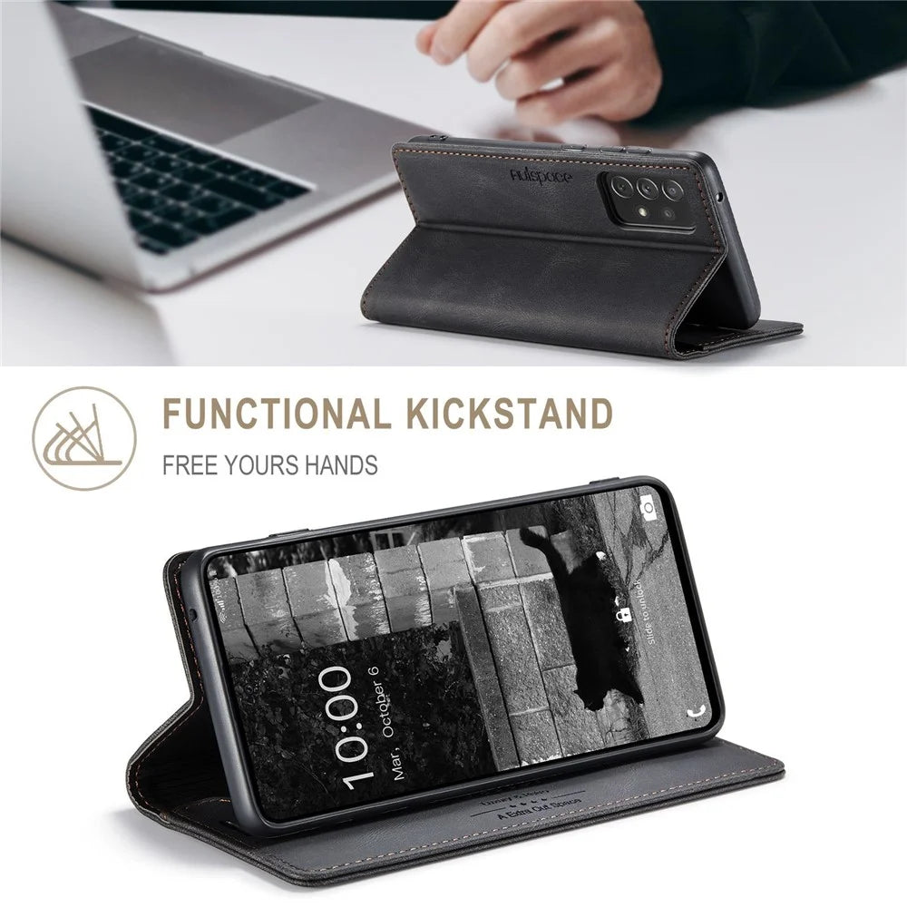 AUTSPACE A01 Series for Samsung Galaxy A73 5G PU Leather Case RFID Blocking Wallet Flip Stand Cover - Black - 5