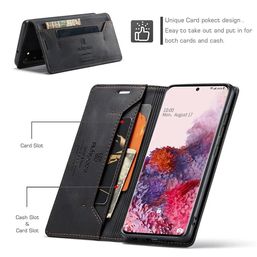 AUTSPACE A01 Series for Samsung Galaxy S20 4G/5G PU Leather Case RFID Blocking Wallet Flip Stand Cover - Black - 4